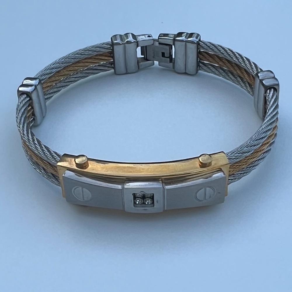 Gold and Silver Tone Coil Bracelet with Four Crystals in Square Geometric Design
